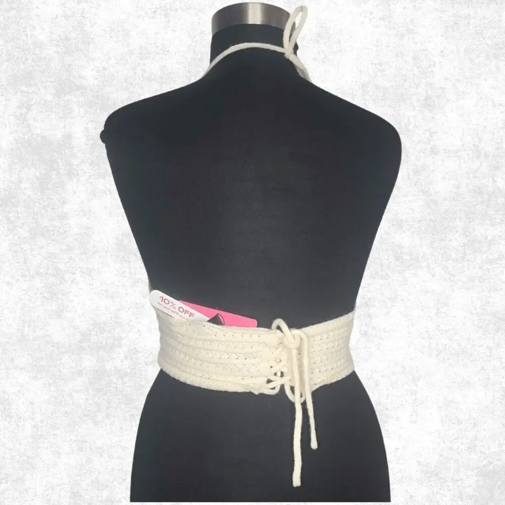 Romwe 3X Knit Sun Embroidered Halter Top – Cream Festival Crop Top Boho Beachwea - Picture 2 of 5